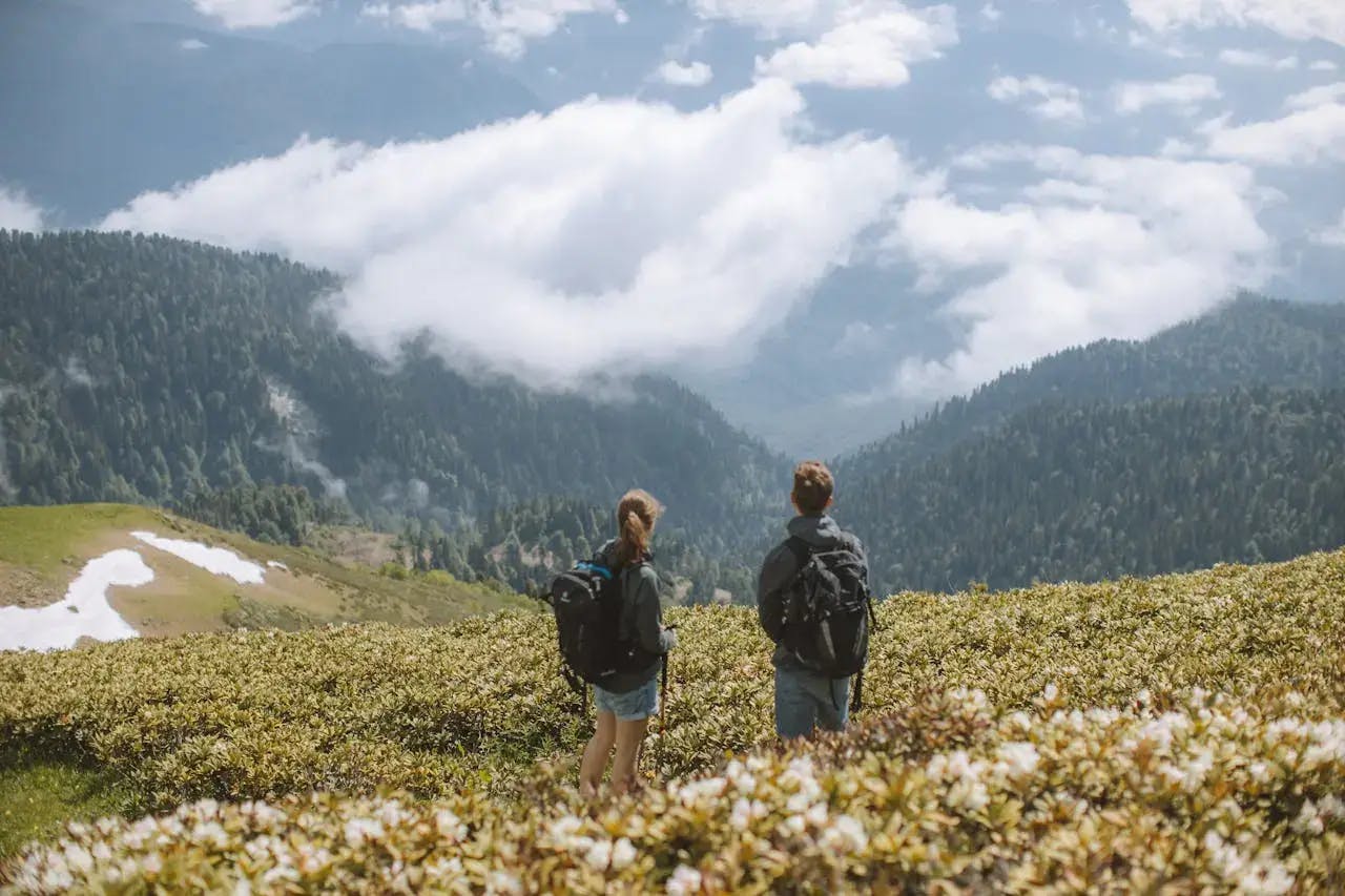 Un couple de voyageurs, au sommet d'une montagne au printemps, faisant face à d'immenses forêts en contrebas