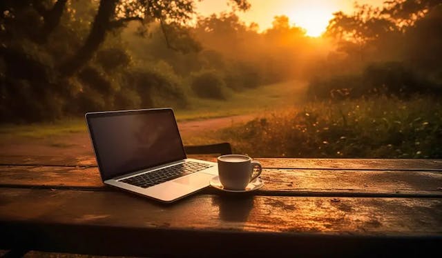 Image de fond. Un ordinateur portable et une tasse de café attendent sur une table qu'orange un soleil couchant.